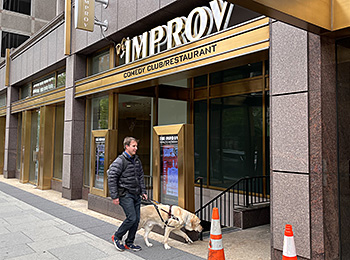 In downtown DC, Hogan guides Pat into the comedy club with a focused look on his guide dog face. Hogan is a large yellow lab with a fluffy coat. The DC Improv sign appears in large white lettering with gold accents. Pat has on a gray puffer jacket, jeans, and tennis shoes. He's carrying a backpack and has a small black canvas bag clipped to his belt for Hogan's treats.